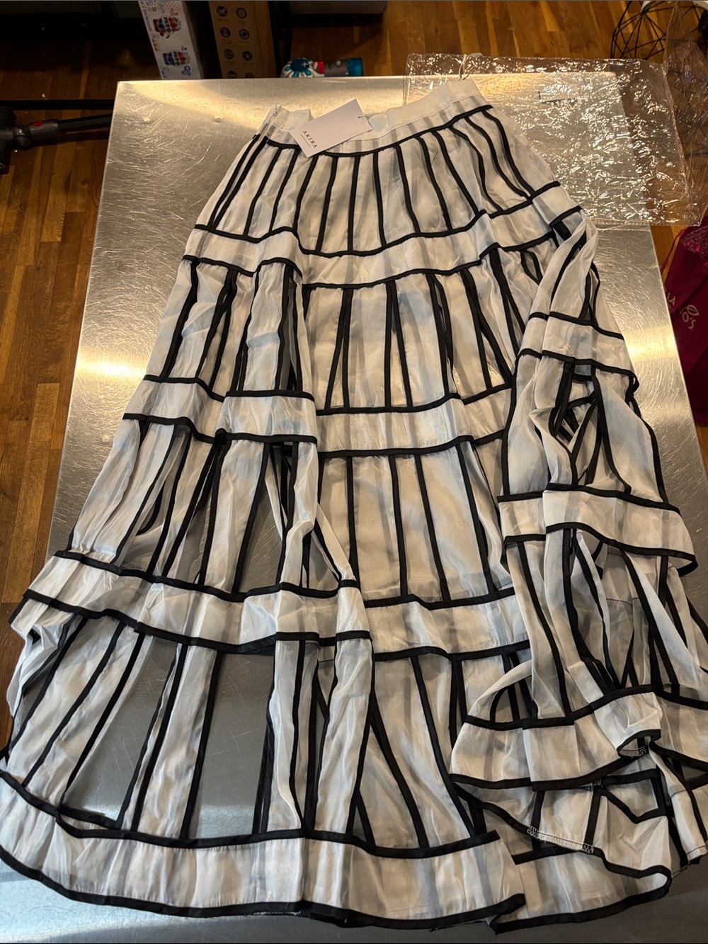 AKIRA White Maxi Skirt with Black Grid Trim